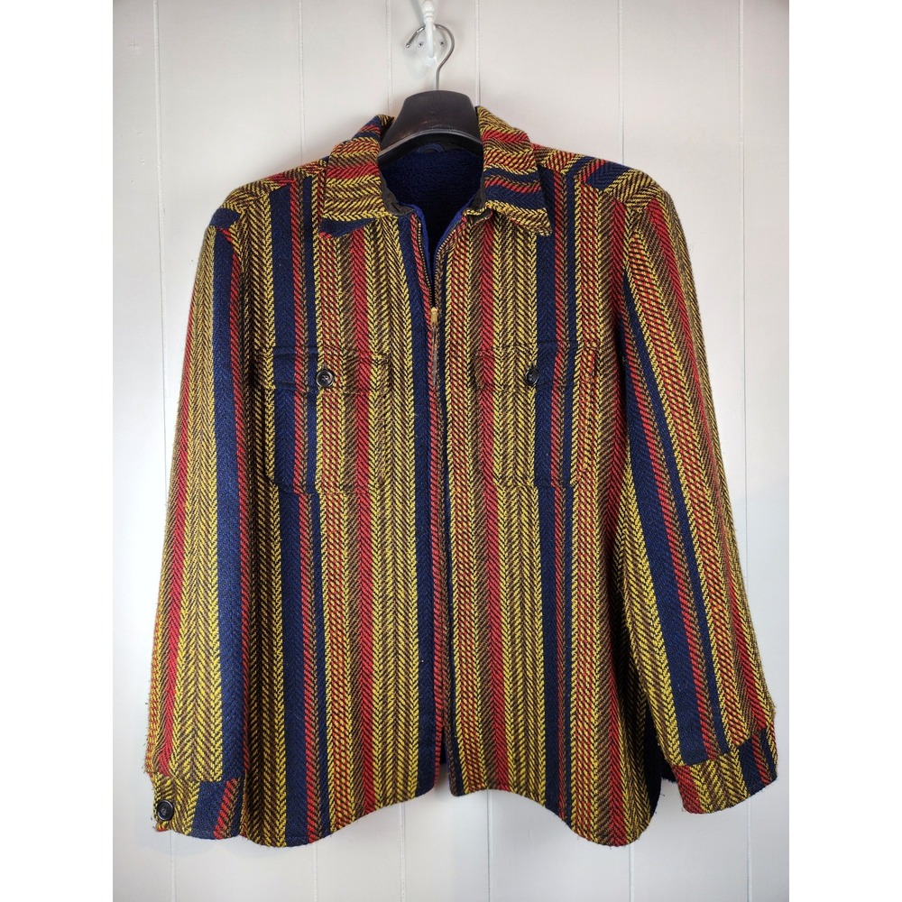 60s 70s Jacket Weatherpal Lee Wald Wool Blend Stripe Herringbone Vintage L XL